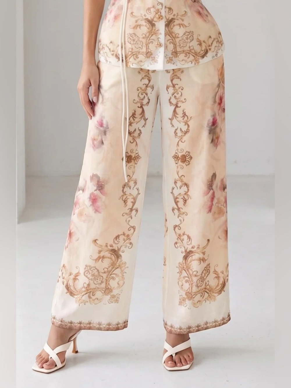 Watercolor Floral Baroque Border Wide Leg Pants - A. Peach